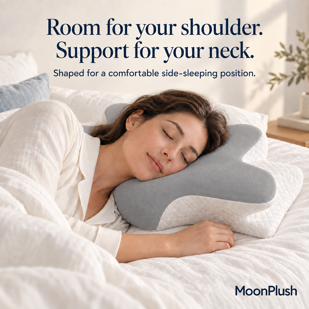 MoonPlush Butterfly Pillow in Grey used for side sleeping